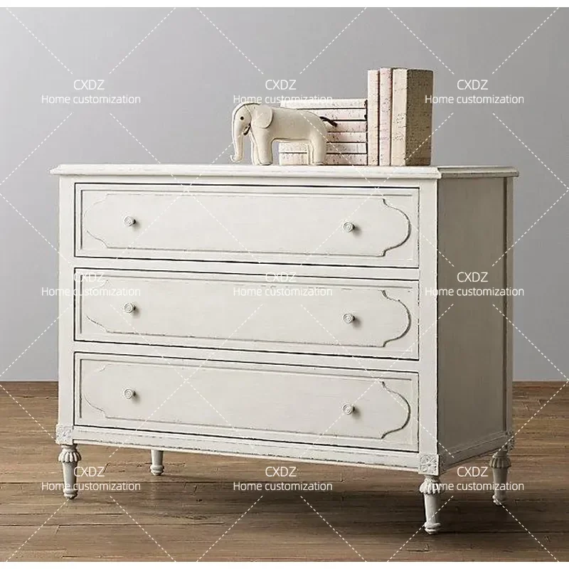 American Solid Wood Chest of Drawers 6 Drawer Dresser with Engraved Details White Storage Cabinet for Kids Room French