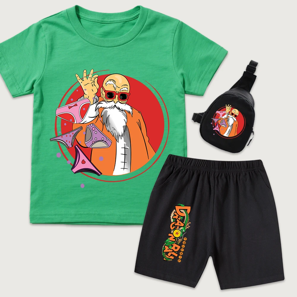 Kids DBZ Roshi Anime Print Cotton T Shirt Shorts Mini Chest Bag 3 Piece Set for Boys Girls Casual Summer Outfit