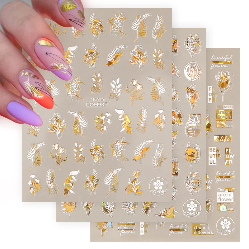 1PC 3D Nail Stickers White Gold Leaf Abstract Line Pattern Self-Adhesive Slider Nail Art Decorations Leaf Love Heart Nail Decals