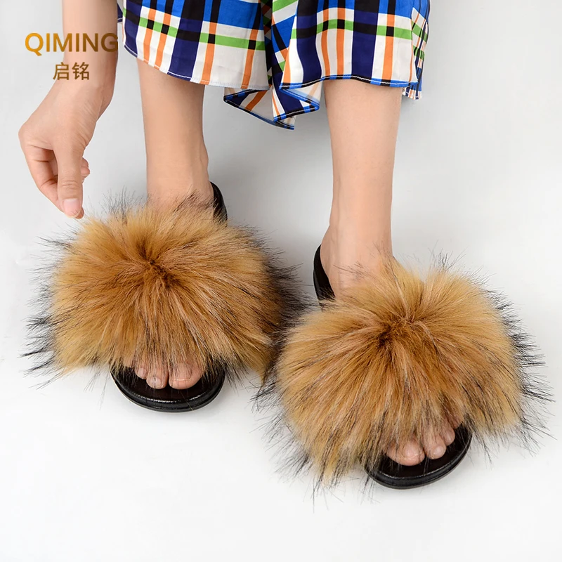 Women\'s Sexy Faux Fur Slippers Plush Furry Fluffy Slippers Outdoor Indoor Flat Platform Shoes Female Casual Flops Woman Slides