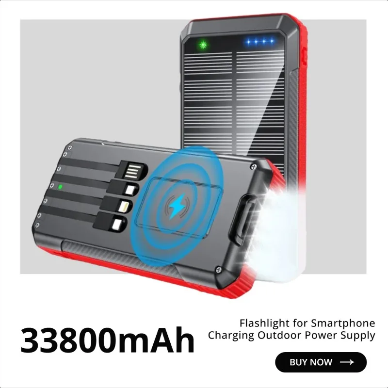 

Wireless Charging Solar Power Bank with Built-in Cable 33800mAh Flashlight for Smartphone Charging Outdoor Power Supply