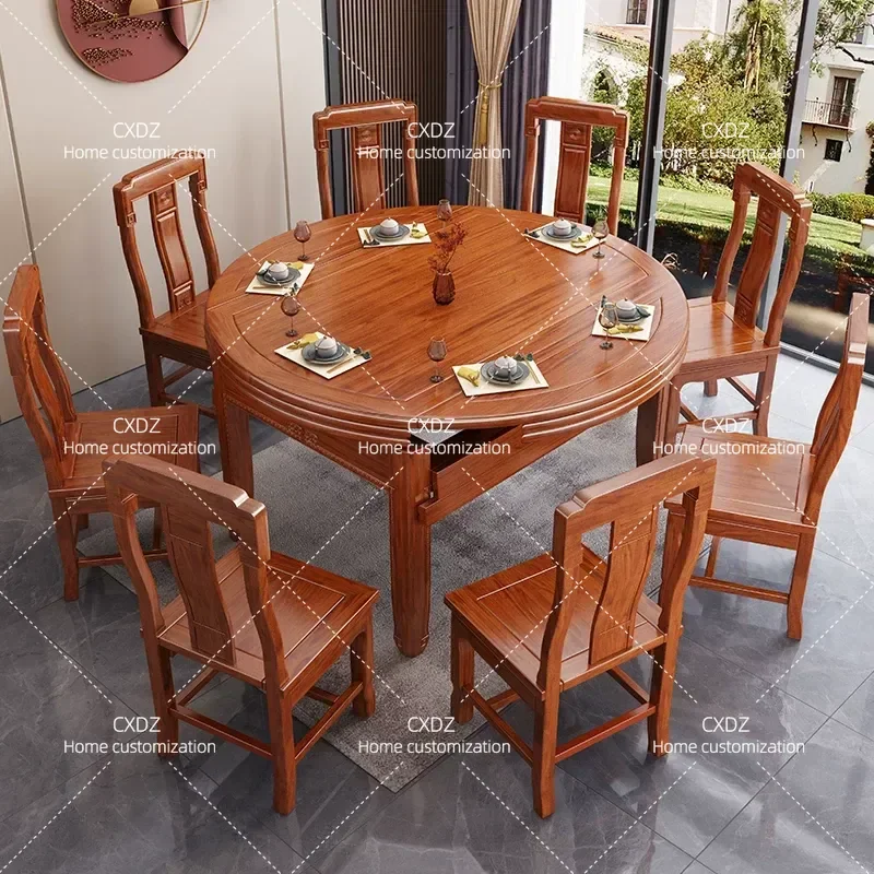Antique Carved Wooden Dining Table with Turntable Large Round Table Solid Wood Furniture for Home Restaurant