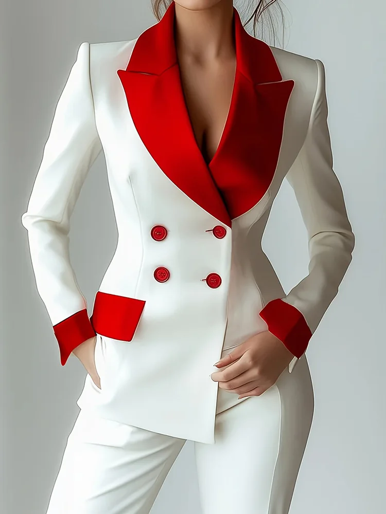

Women's High Street Fashion Blazer Spring Summer Long Sleeve Button Patchwork Jacket Notched Collar Double-Breasted Ladies Coat