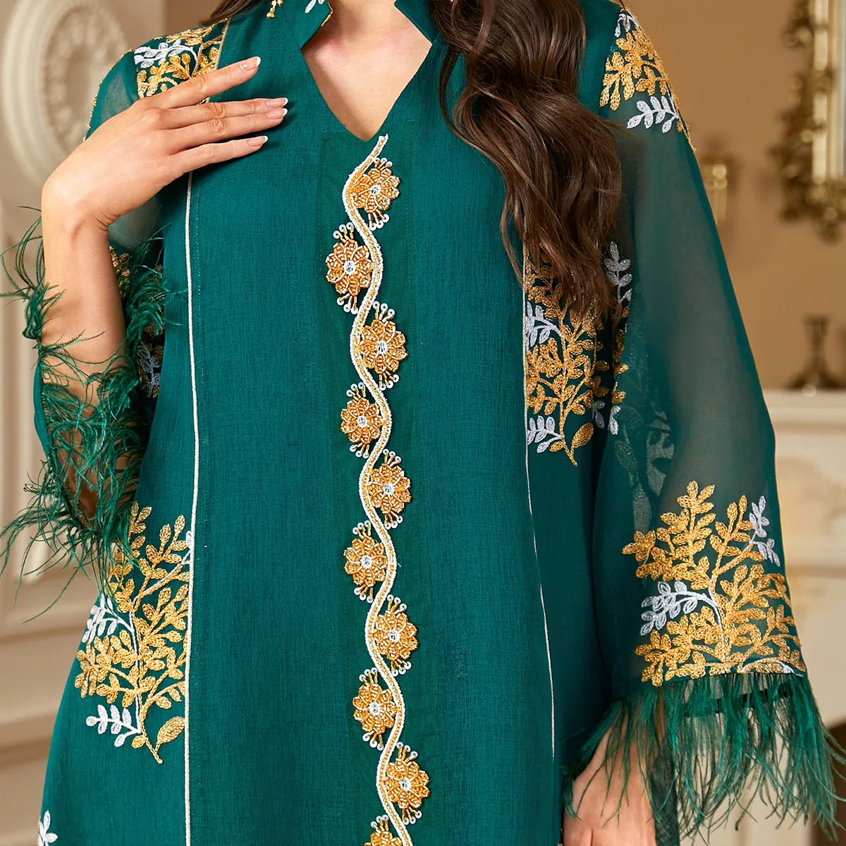 Eid Abayas pour femmes plume caftan Robe musulmane broderie turquie Caftan Marocain Femme Robe Islam vêtements Jalabiya robes