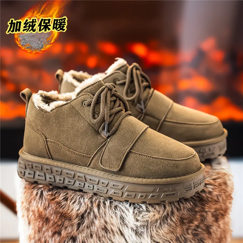 Botas de nieve de felpa de invierno para hombre, botines con forro polar de piel con aislamiento térmico cálido, zapatos informales con plataforma para exteriores