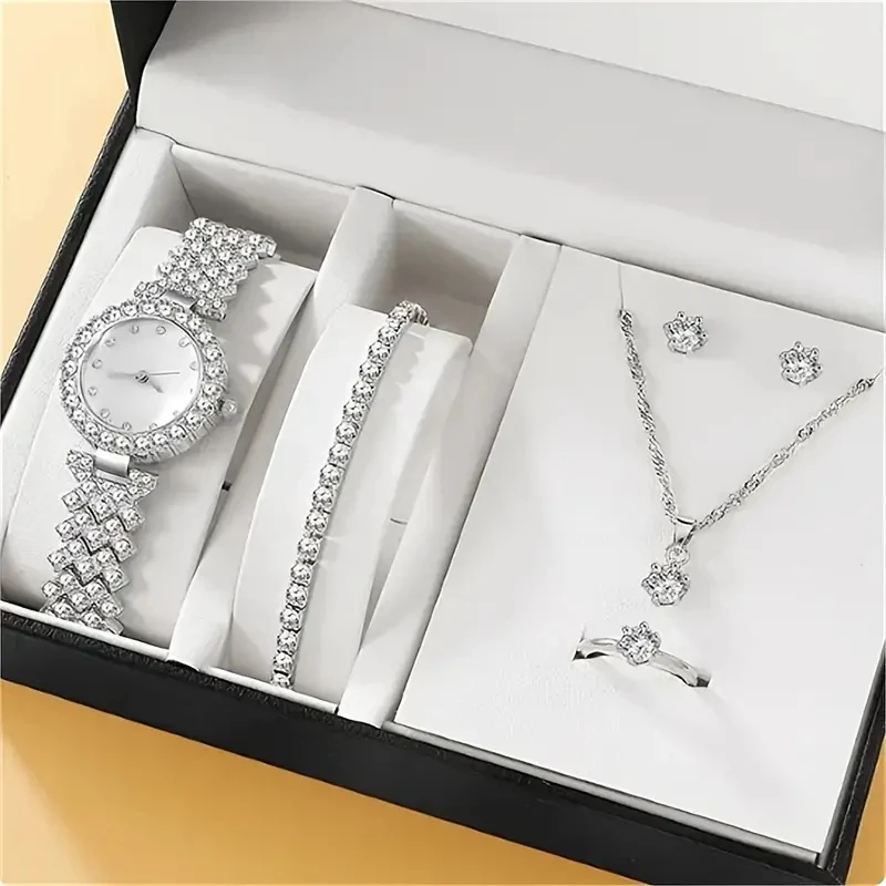 6PCS/Set Elegant Silver Diamond Women\'s Watch Student Elegant High end Simple Luxury Women\'s Watch