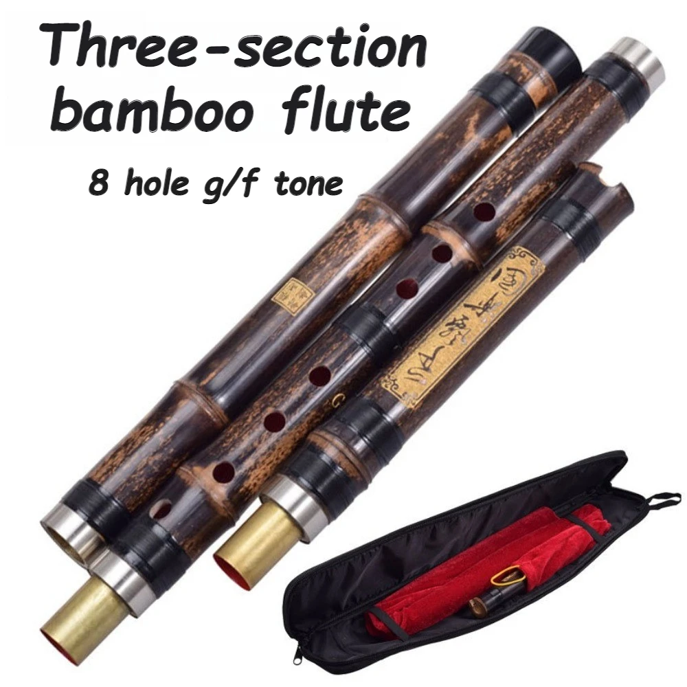 8-hole Chinese Flute G/F Tone Three-section Beginner Forehand/backhand Professional Purple Bamboo Xiao Flute Musical Instruments