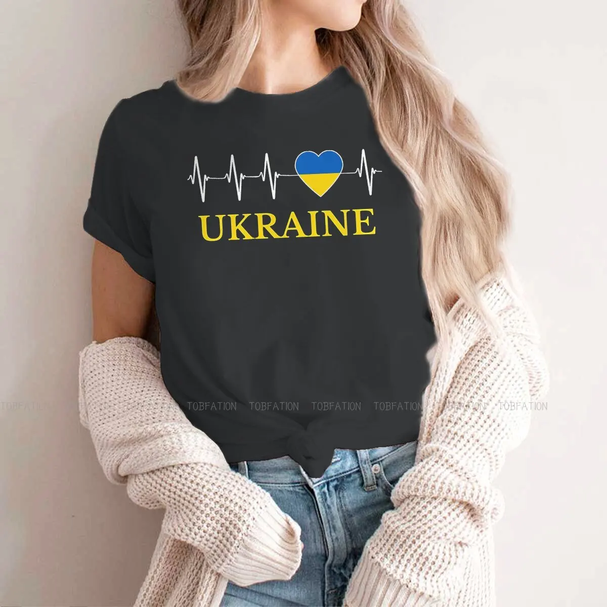 Ukrainian Flag With Electrocardiogram Stripes And Inscriptions Hip Hop TShirt  Creative Tops 4XL 5XL  Comfortable T Shirt Women