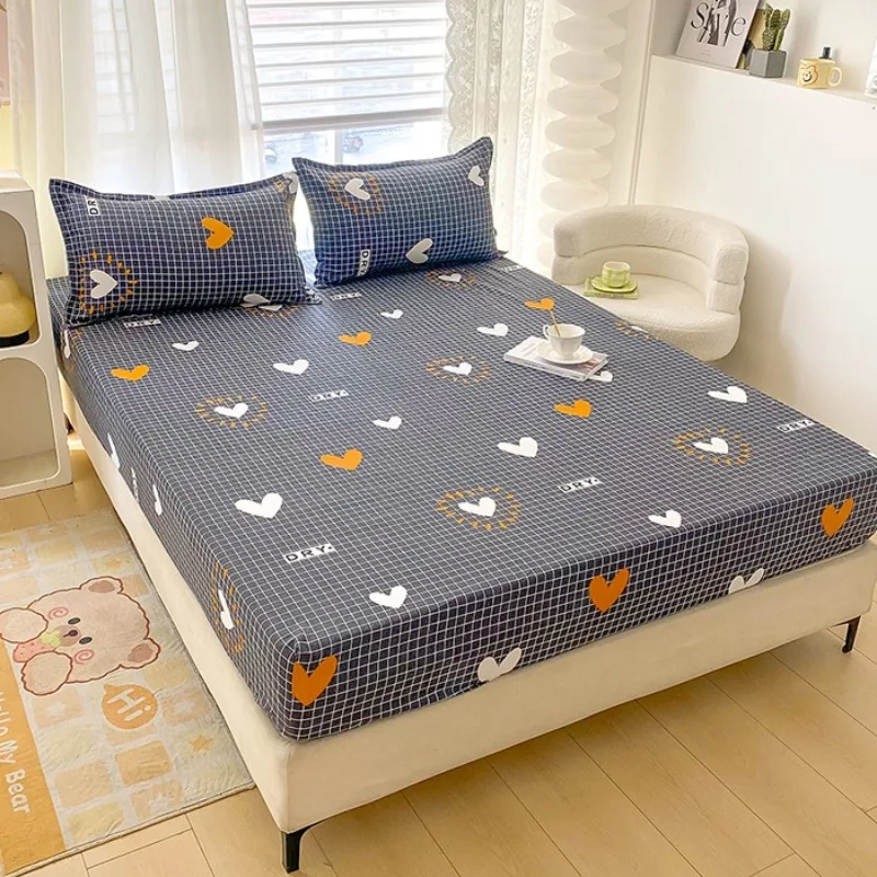3PC Navy Blue Heart Grid Fitted Sheet Set,Cartoon Love Printed Bedding Set with Pillowcases