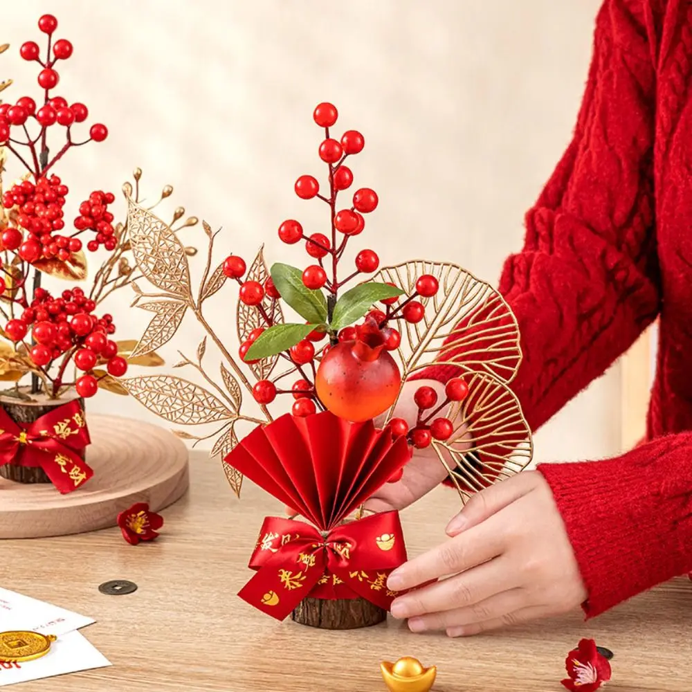 Red Berry Branch Artificial Flowers Plants Pots Best Wishes Good Fortune New Year Pots Good Luck Get Rich Wedding Pots Wedding