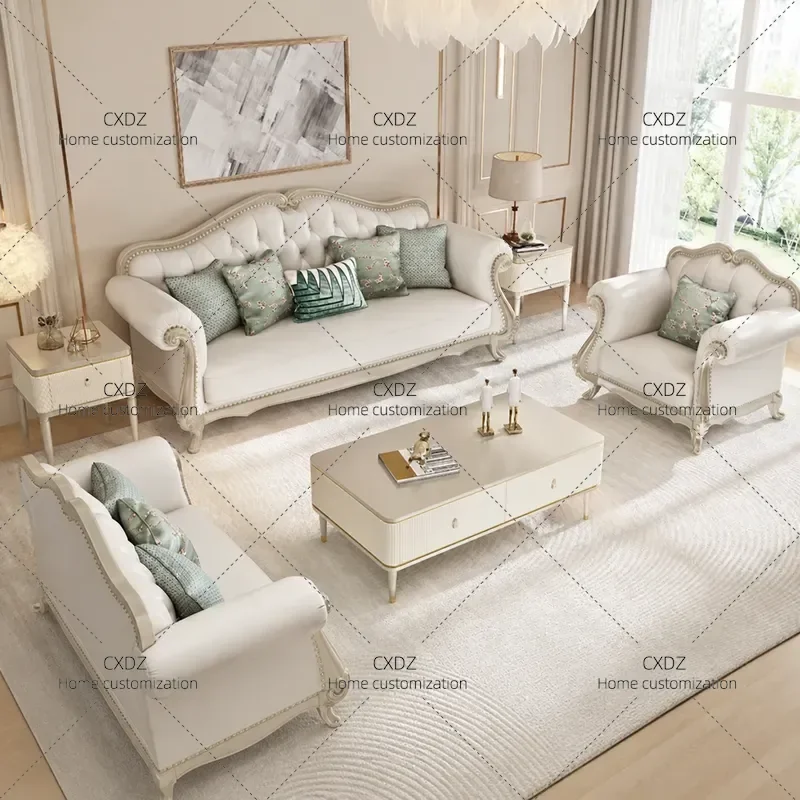 Light Luxury Leather Sofa Set Solid Wood Frame Champagne Silver Finish Modern Minimalist Design for Villa Living Room Small