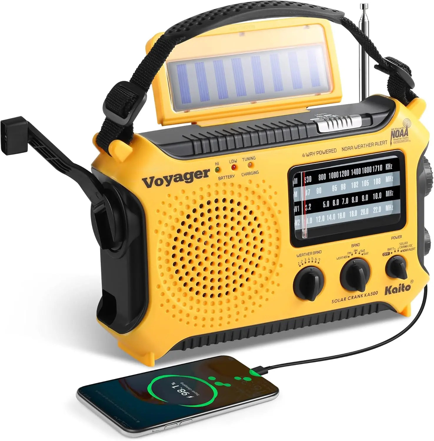 

5-Way Solar & Crank Emergency AM/FM/SW/NOAA Weather Radio with Flashlight, Lamp, Phone Charger in Yellow