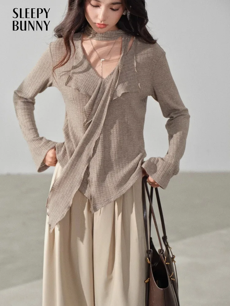 

Шикарный топ с v-образным вырезом и длинными рукавами, осенняя облегающая вязаная блузка, женская стильная многослойная минималистичная эстетичная модная рубашка