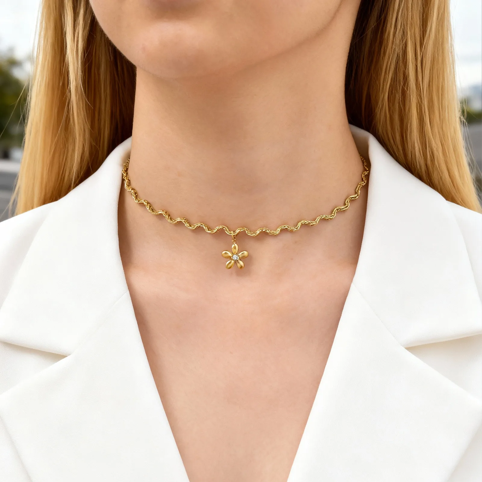 Chic Zircon Flower Wave Chain Necklace Stainless Steel Choker for Women Waterdrop Zircon Necklaces Elegant Jewelry Gift