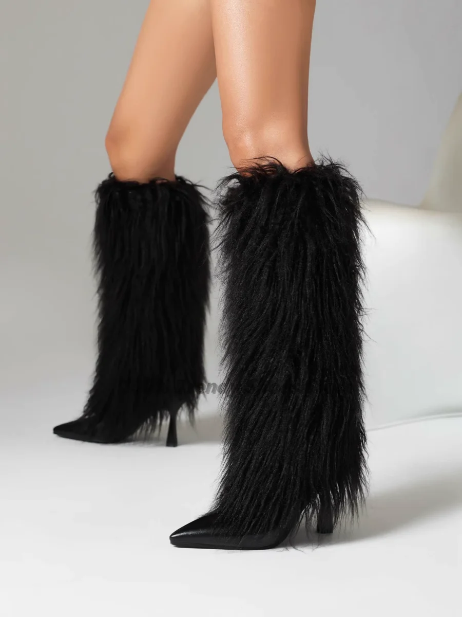 

European and American Foreign Trade Pointed Hairy Boots High Heels Pants, Boots, Fur Fringed Boots, Performance Knee High Boots