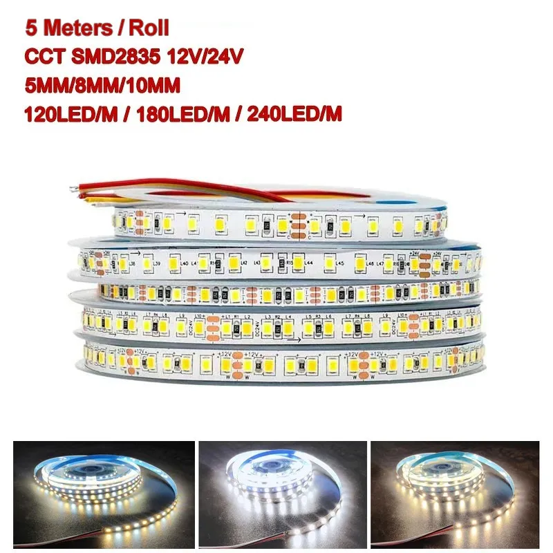High Brightness 5M SMD2835 CCT 3000k-6000k Dimmable 12V 24V 5mm 8mm 10mm Self-adhesive 2835 SMD Led Strip Light