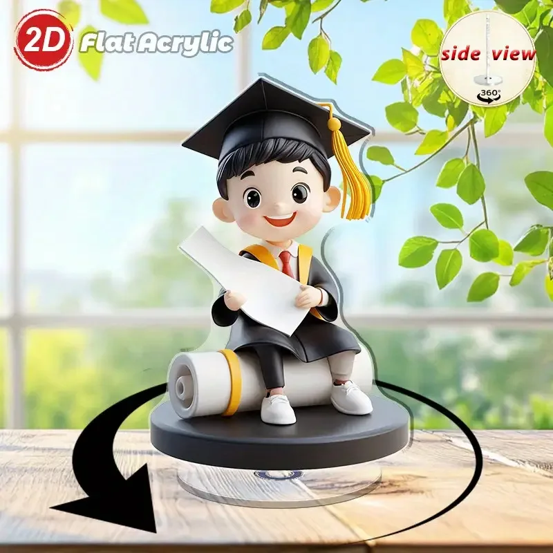 1Pc Graduation Acrylic Standee - Cute 2D Flat Graduate Figurine - Rotatable Desk Decor for Graduates
