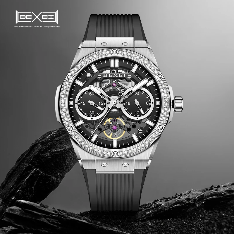 BEXEI 9129 watches for men Automatic movement Mechanical Watches 60 zircon inlays synthetic sapphire mirror Luminous waterproof