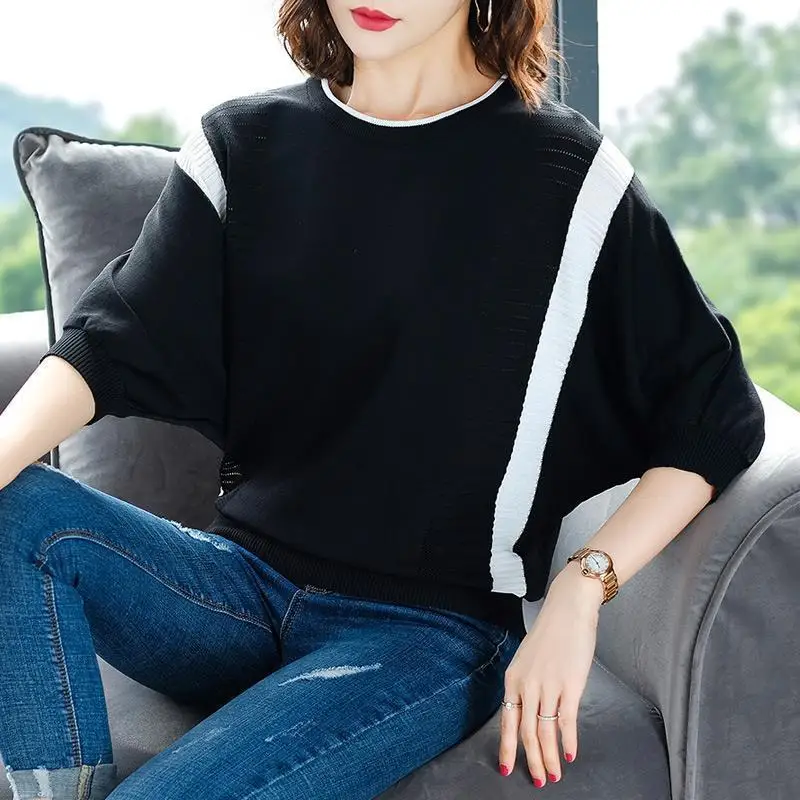 O-neck Solid T-shirts Women Casual Patchwork Half Sleeve Elasticity Tops Spring Autumn Knitting Elegant Retro Simple Clothing