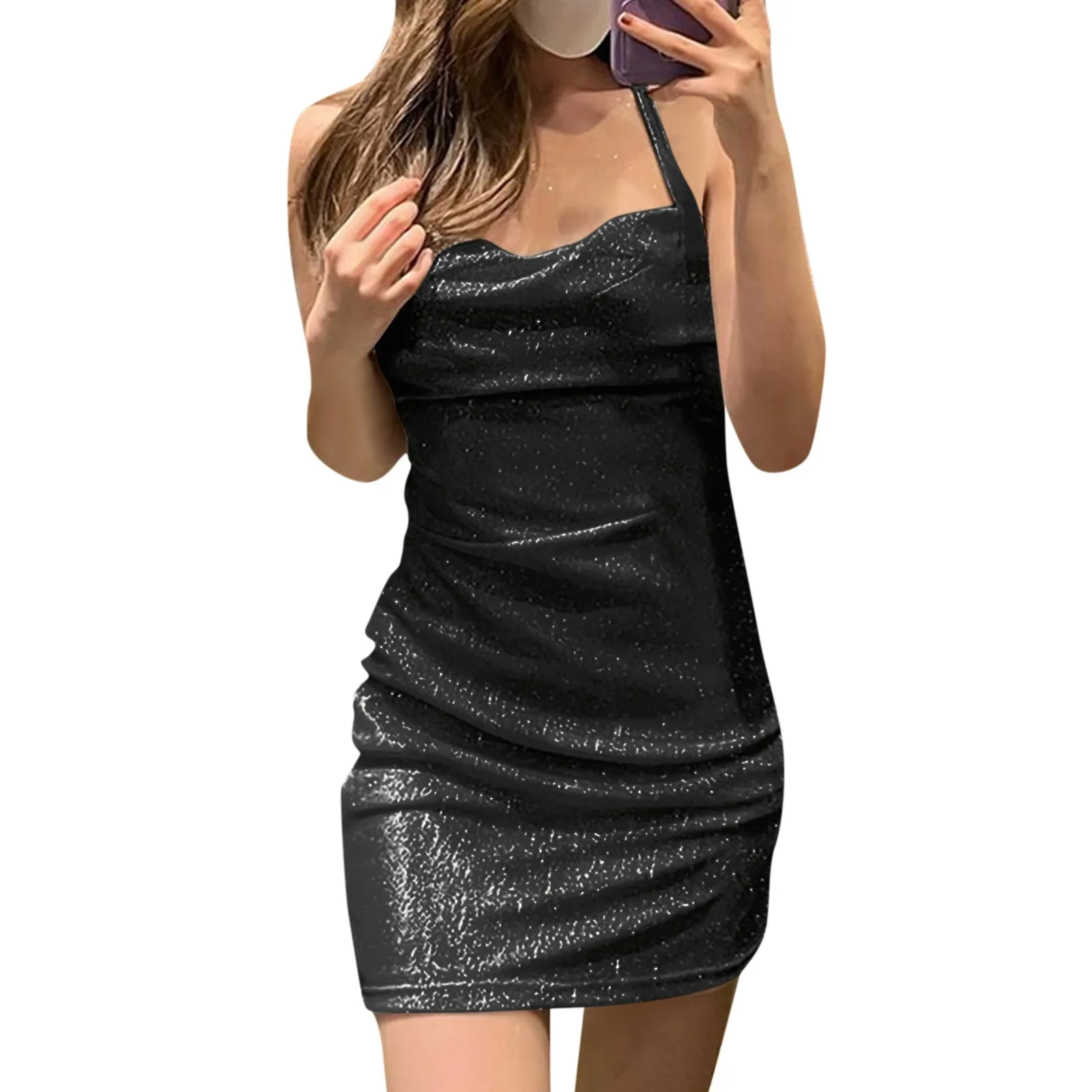 فساتين نسائية لامعة بدون ظهر فساتين Strappy مزاجه ركاب فساتين قصيرة roupas الأنثوية #1