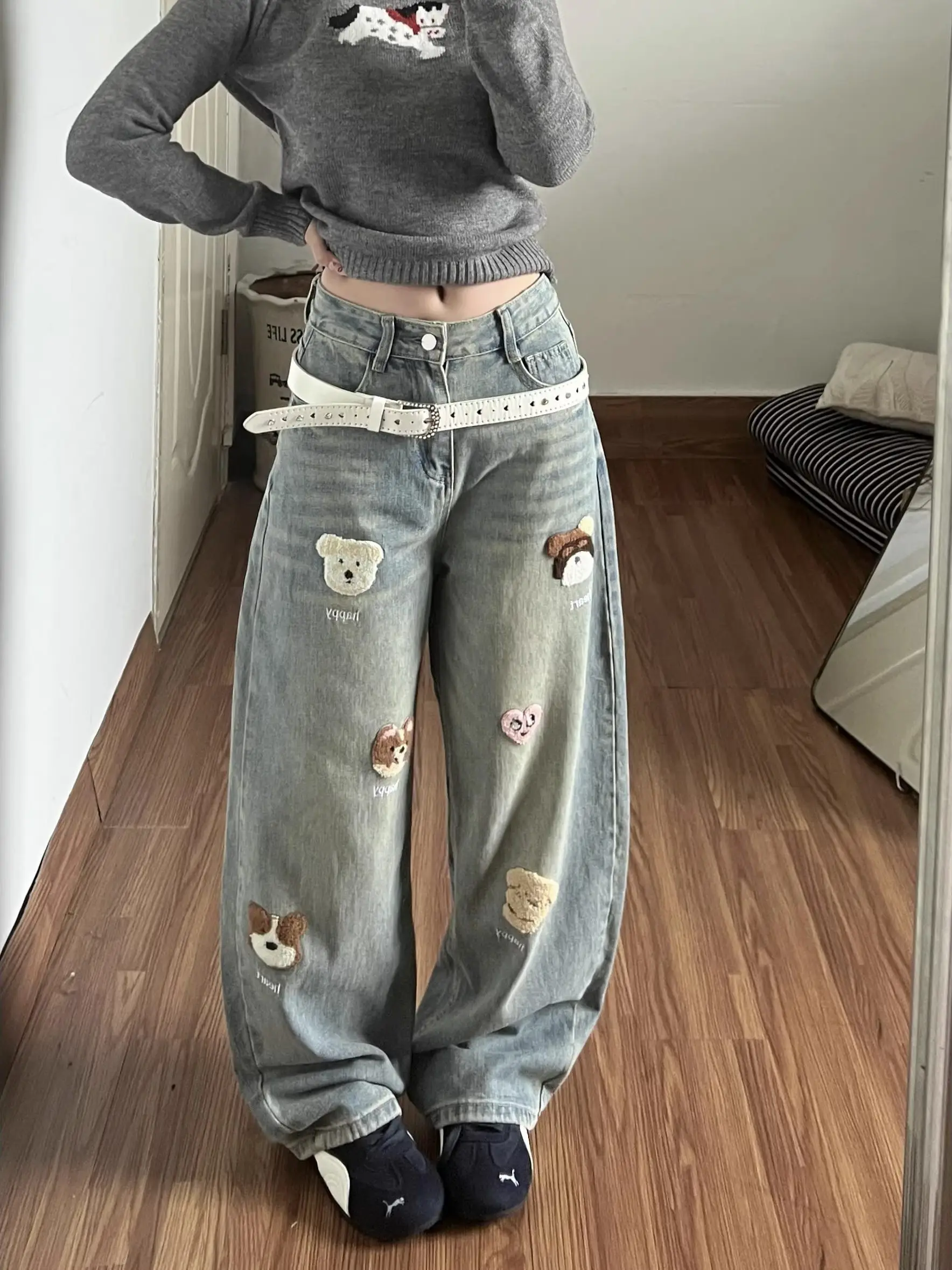 Cute Little Dog Embroidered Straight Leg Jeans Loose Slimming Wide Leg Long Pants High Waist Summer Anti-Wrinkle Men Women