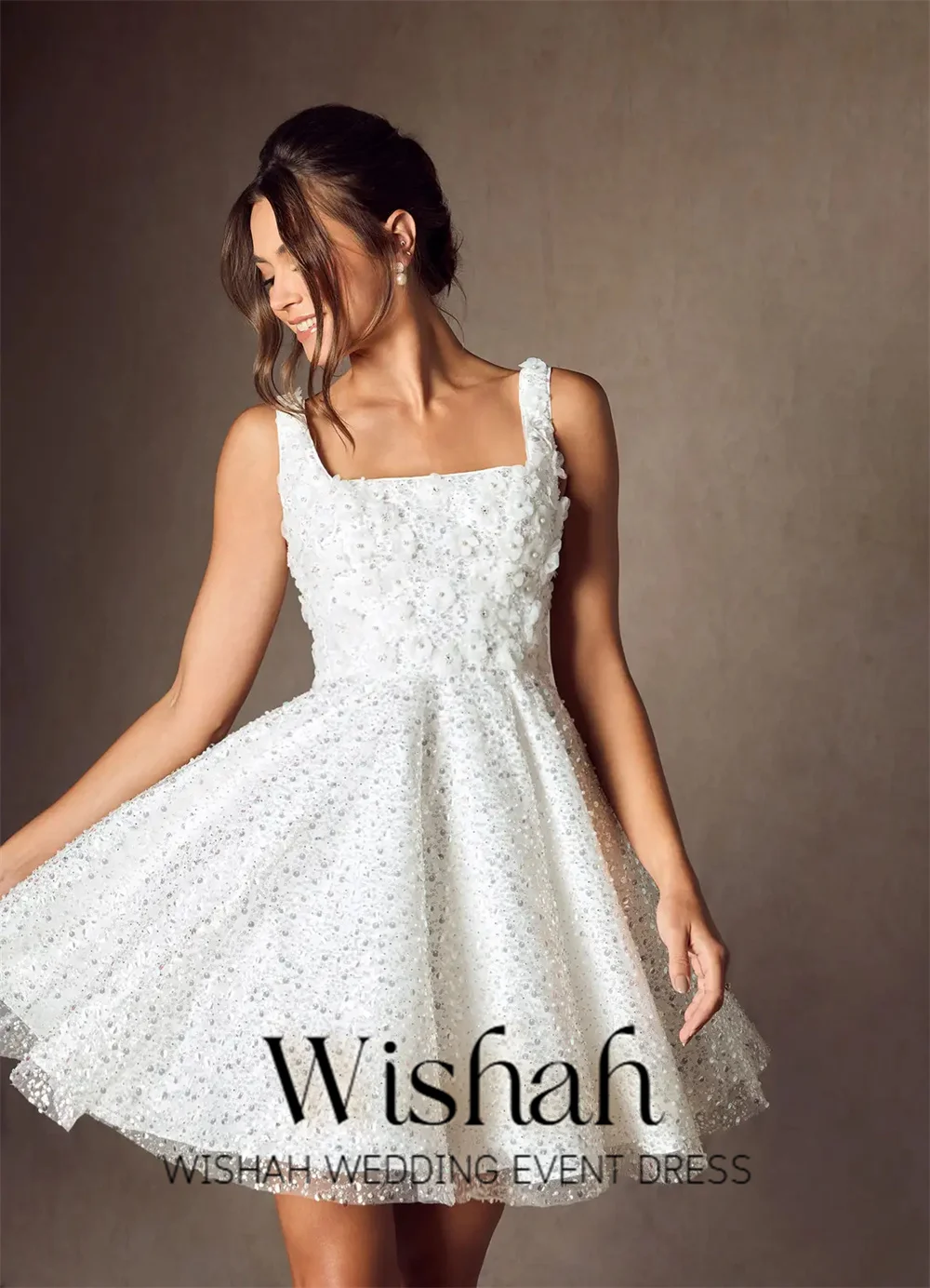 Wishah Customized Square Collar Mini Wedding Dresses A Line Floral Appliques Lace Short Bridal Gown for Wedding Party 2027