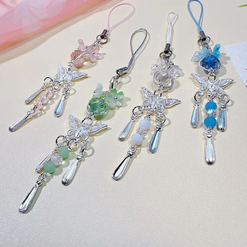 Colorful Butterfly Phone Charms Chain Sweet Cherry Blossom Key Chains for Smart Phone Anti-Lost Earphone Case Lanyard Bag Gifts