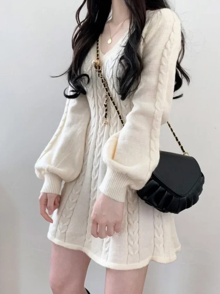 

Deeptown 2024 Solid Basic Knit Knitted Sweater Mini Dress Women Casual Lantern Sleeve Short Dresses 2023 Autumn Winter Outfits
