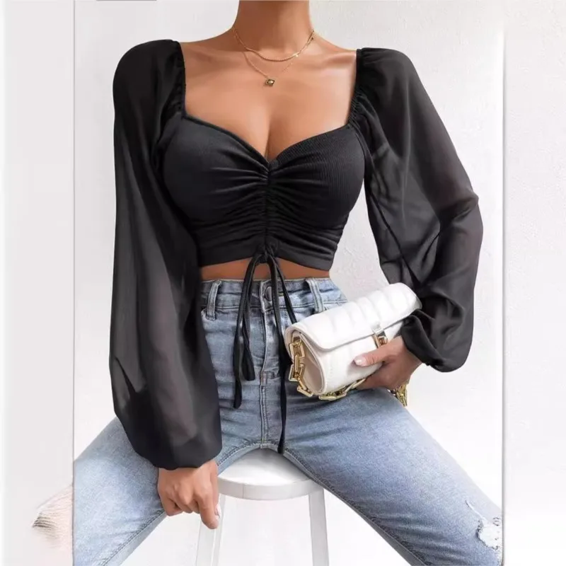 2024 Casual T Shirt For Women Solid Color Shirts & Blouses Chiffon Drawstring Balloon Long Sleeve Tight Fashion Sexy Y2k Tops