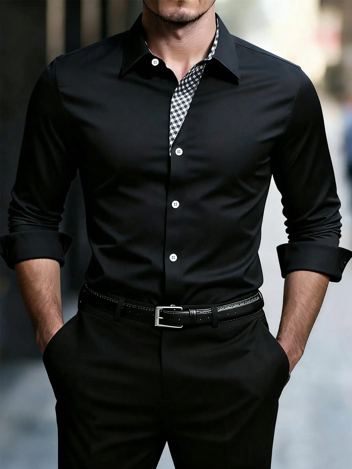 

Men's Black Long Sleeve Button-Down Shirt with Checkered Inner Placket