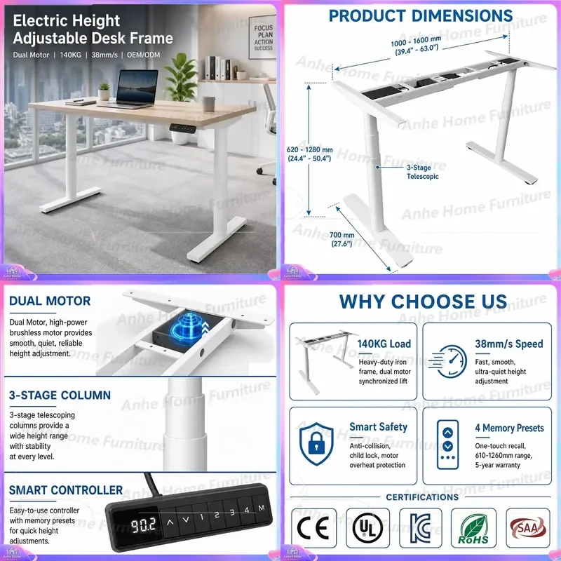 for Telescopic Modern Height Adjustable Table Dual Motor Stainless Steel Standing Desk Sitting and Standing Dual