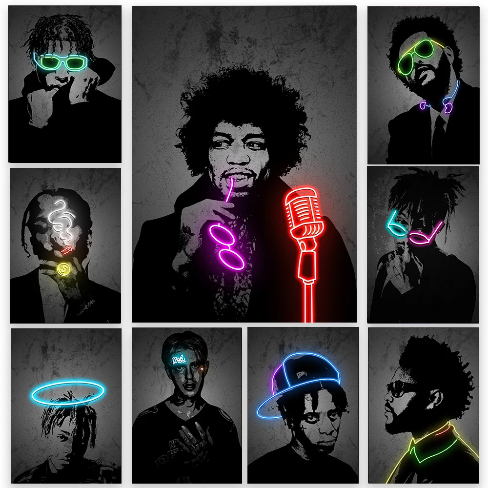 Neon Effect Wall Art Music Singer Canvas Painting Hip Pop Poster Rapper Glowing Home Wall Decor Painting  Room Decor Unframed