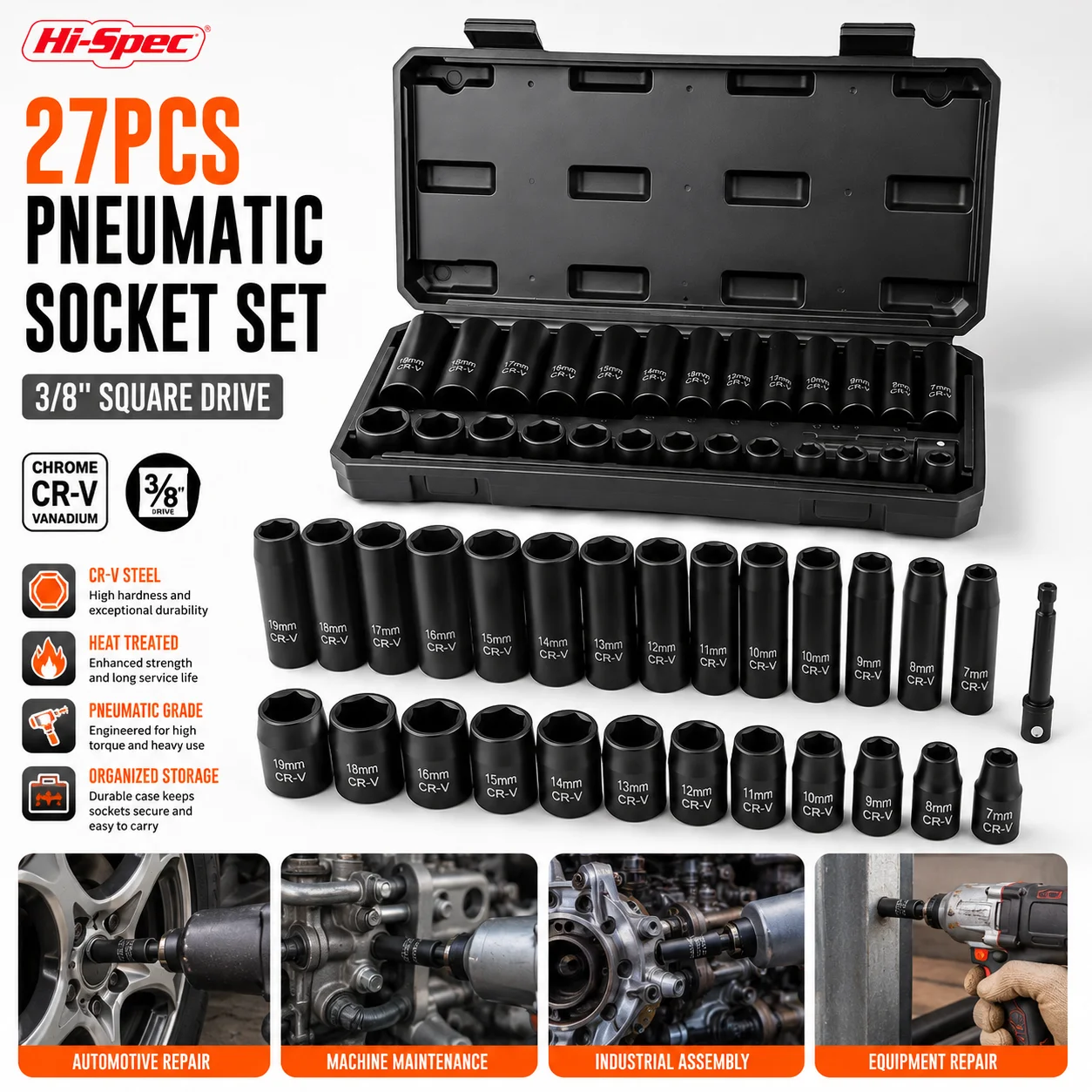 Hi-Spec 27PCS 3/8 Inch Hex Socket Set Impact Socket Set CR-V Steel Black Phosphated 8-22mm for Auto Repair Garage Hand Tools