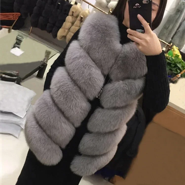 Wholesale Custom New Trend Fur Vest Mid Length Women's Slim Fit Splicing Faux Fox Fur Coat Women Faux Fox Fur Vest