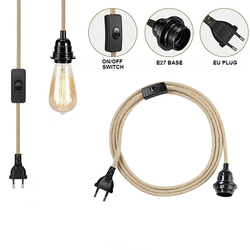 Hemp Rope Pendant Lamp Holder with EU US Plug E27 Lamp Base Socket with 4.5M Cable and ON/OFF Switch for Pendant Lighting DIY