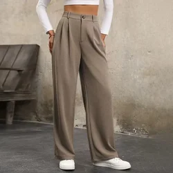 Europe and The United States New Pressure Plait High-waisted Suit Pants, Women's Spring and Autumn Solid Color Casual Long Pants