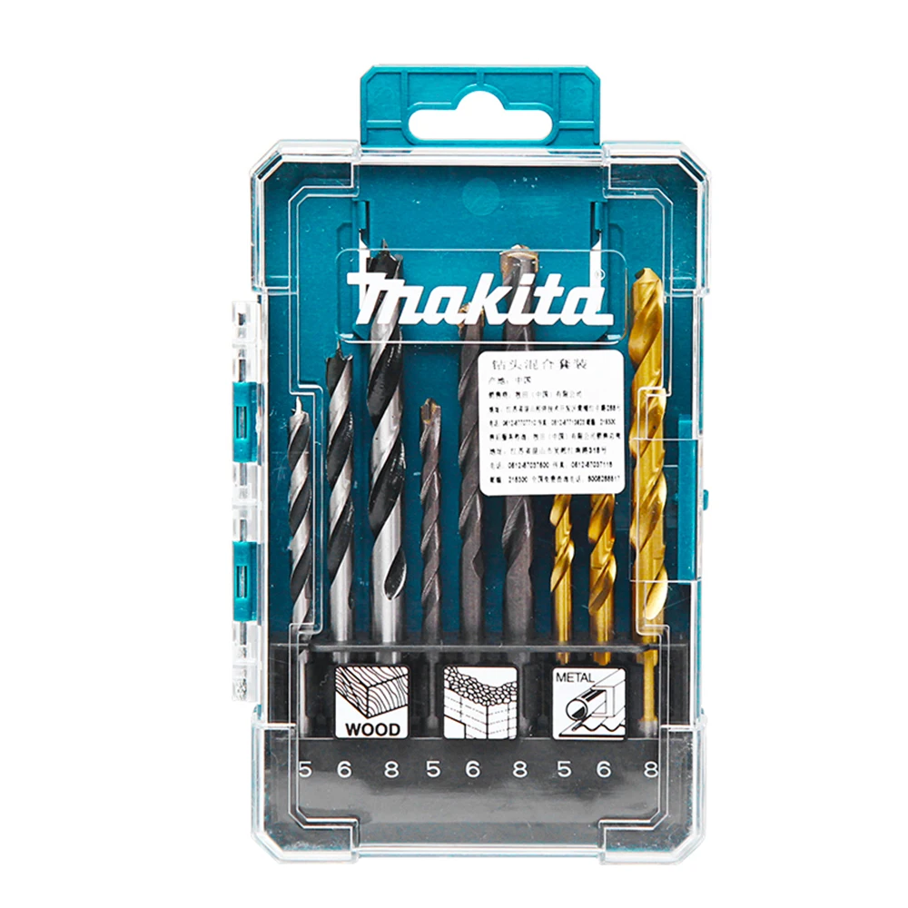 

Makita 9PCS Hybrid drill set 3PCS metalworking drill bits 5, 6, 8mm 3PCS masonry drill bit 5, 6, 8mm 3PCS woodworking drill bits