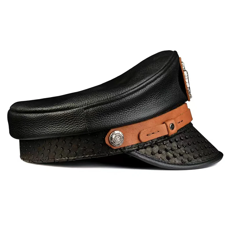 Men\'s Fashion Motorcycle Riding Hat Male Genuine Cowhide Leather Dots Exclusive Shield Caps with Belt Novelty Gift for Men Dad