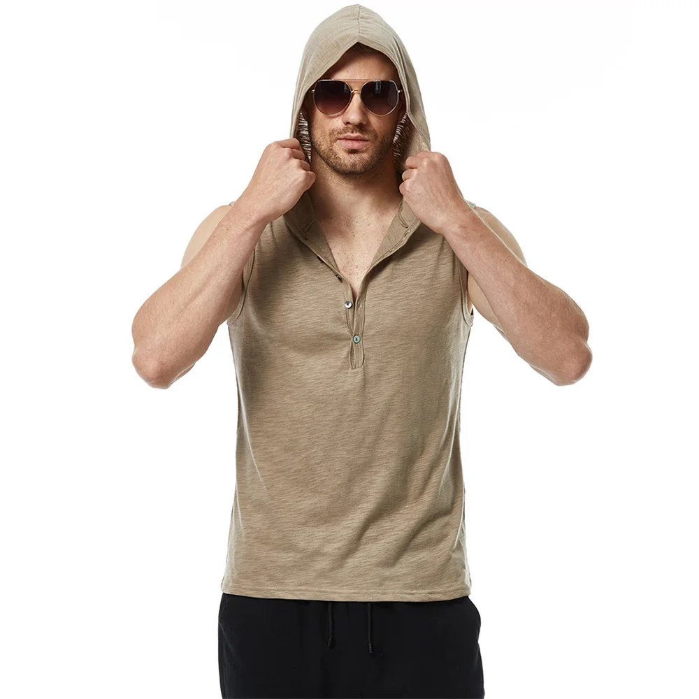 Men Cotton Tank Tops Tees Sleeveless T-shirt Fitness Gym High Elastic Hooded Vest Casual Fashion Baggy T Shirt Male Summer