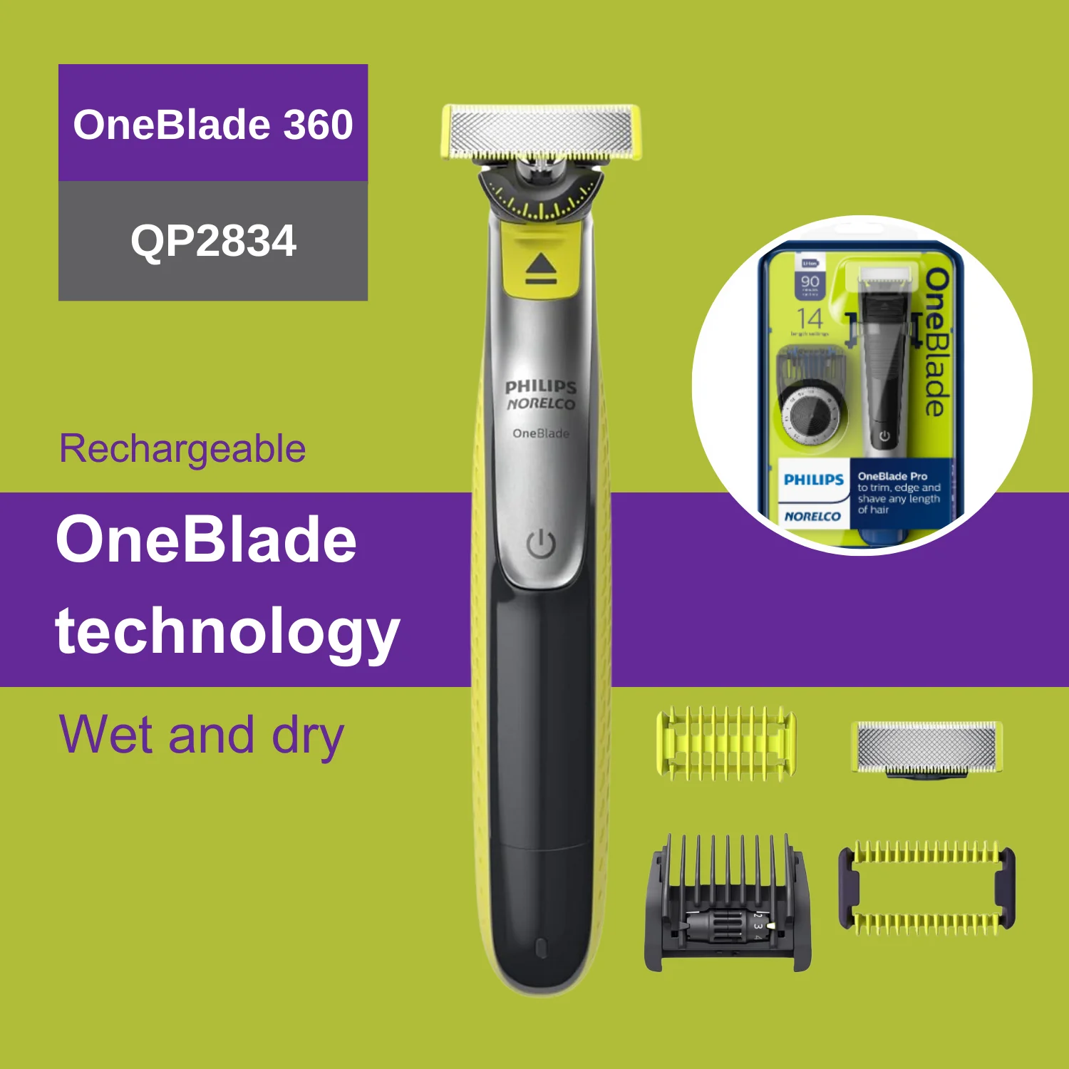 Philips Norelco One Blade 360 QP2834/70, Wet & Dry with 2 Replacement Blades, Body Comb, Skin Comb, Rechargeable