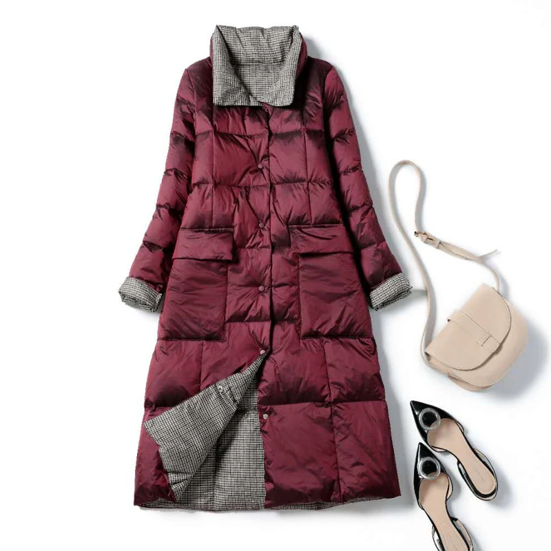 FTLZZ New Autumn Winter Women Double Sided Ultra Light Long Down Coat 90% White Duck Down Parkas Warm Snow Plaid Outwear