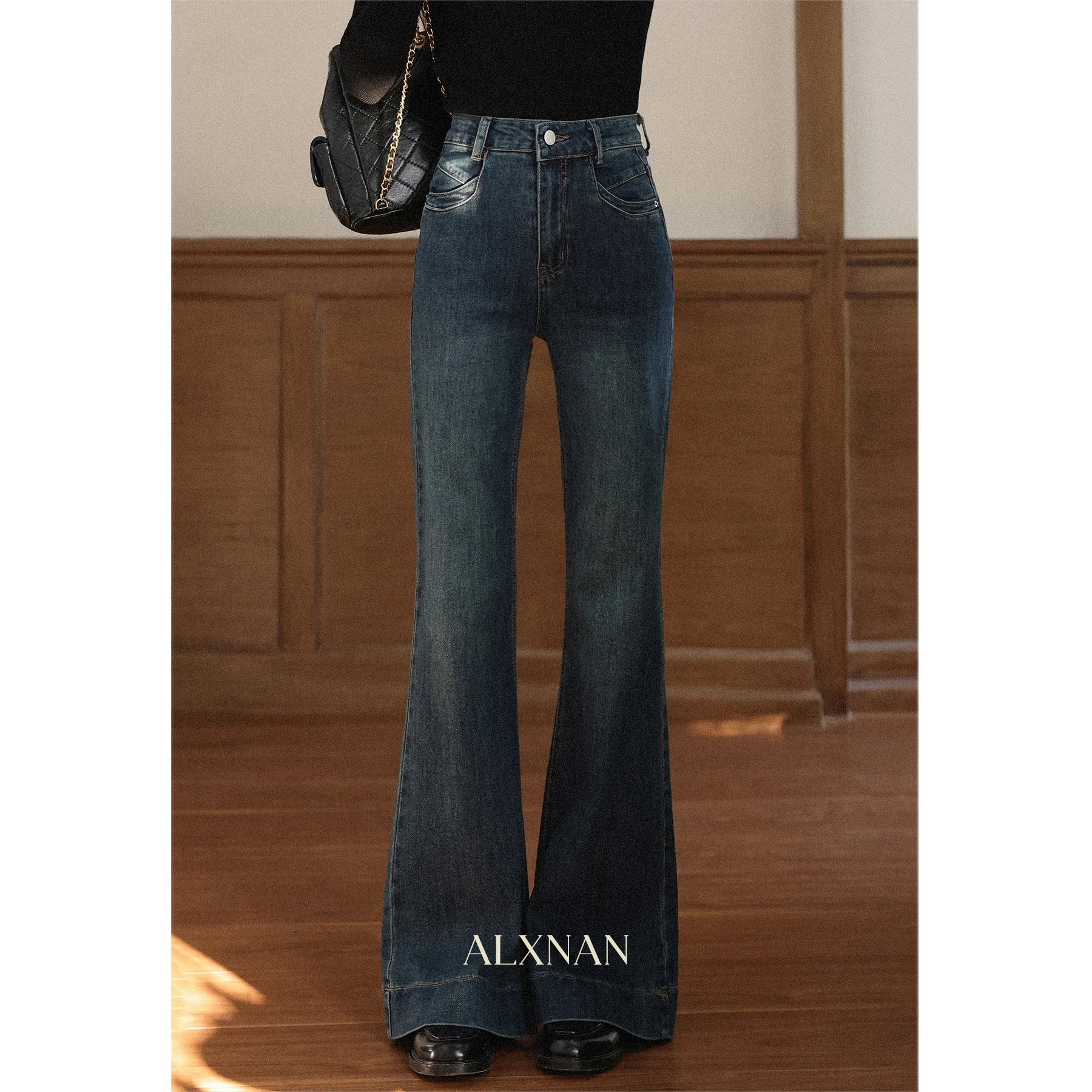

ALXNAN Blue Flared Jeans High-waist Elegant Wide-leg Women's Denim Jeans Autumn Cotton Casual Long Baggy Pants Female L57259
