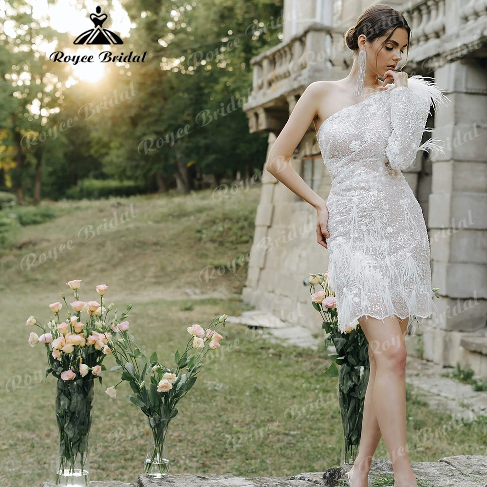 One Shoulder Feather Trim Beaded Lace Mini Wedding Dress Long Sleeve Sheath Reception Bridal Gown Customized
