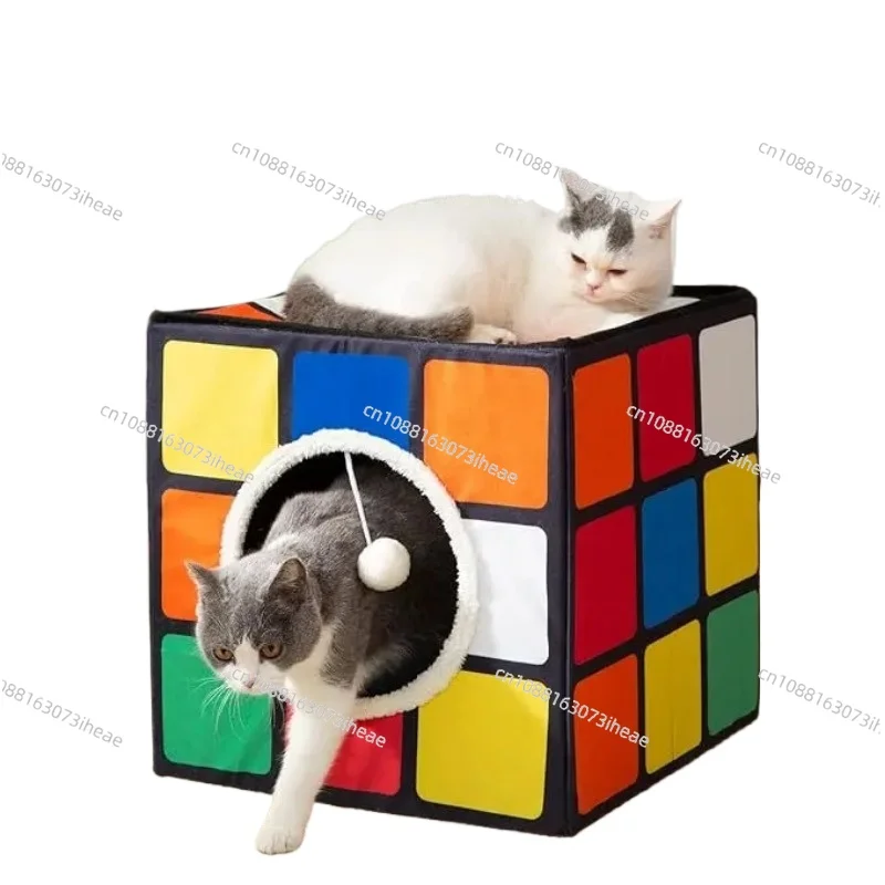 Washable Cat Cottage: Enclosed foldable design with removable plush liner ensures easy cleaning and cozy warmth in all seasons