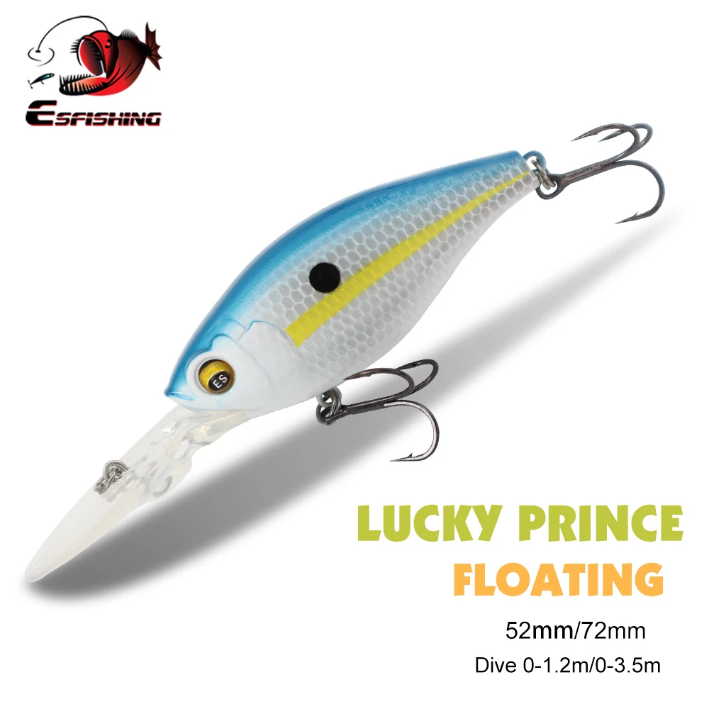 ESFISHING New 2023 Hard Bait Lucky Prince 52mm 72mm Quality Depth Crank Wobbler Fishing Lure Tackle Tripple hooks For Pink Bass