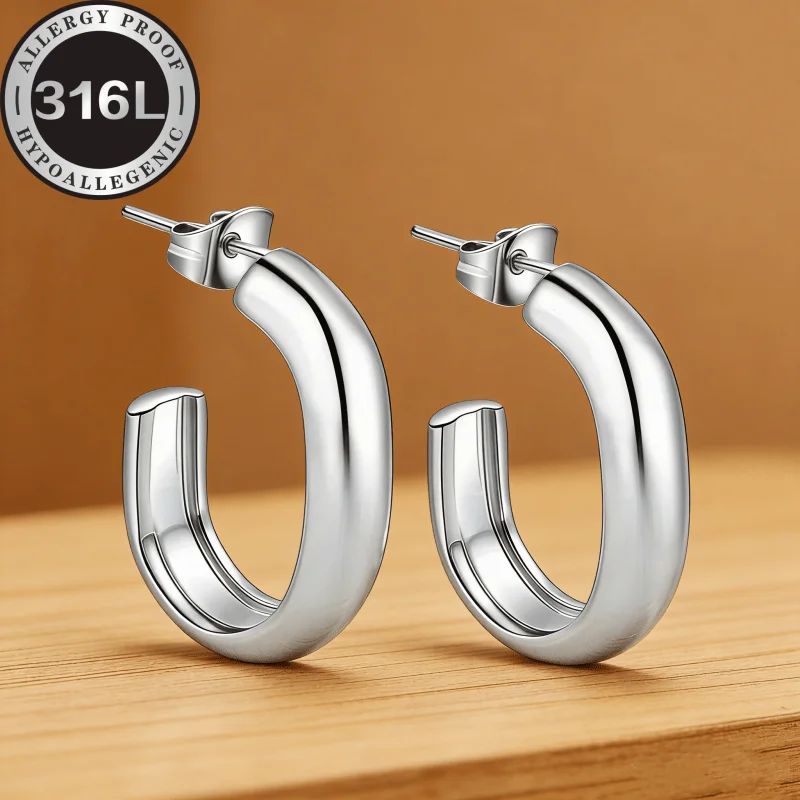 316L stainless steel anti-allergic earrings, semi-circular line oval, simple and atmospheric design