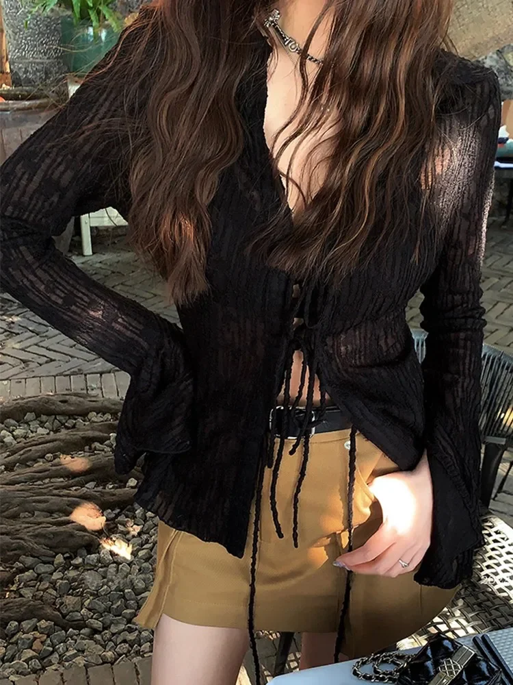 

Gothic Lace Shirt Vintage Blouse Women Y2k Black Tops Lcae Up Fairycore Shirt Flare Sleeve See-through Blusas Female