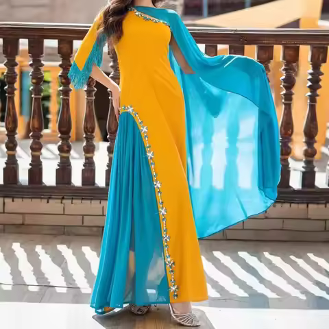 Eid Abaya Dubai Color Blocked Cloak Cape Dress Diamond Tassels Kebaya Woman Muslim Evening Dress Islam Jalabiaya Turkey Kaftan