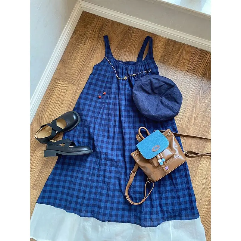 Korobov French Vintage Robe Blue Plaid Sleeveless Square Collar Dress Women Vestidos Casual Loose Slim Suspenders Y2k Dresses