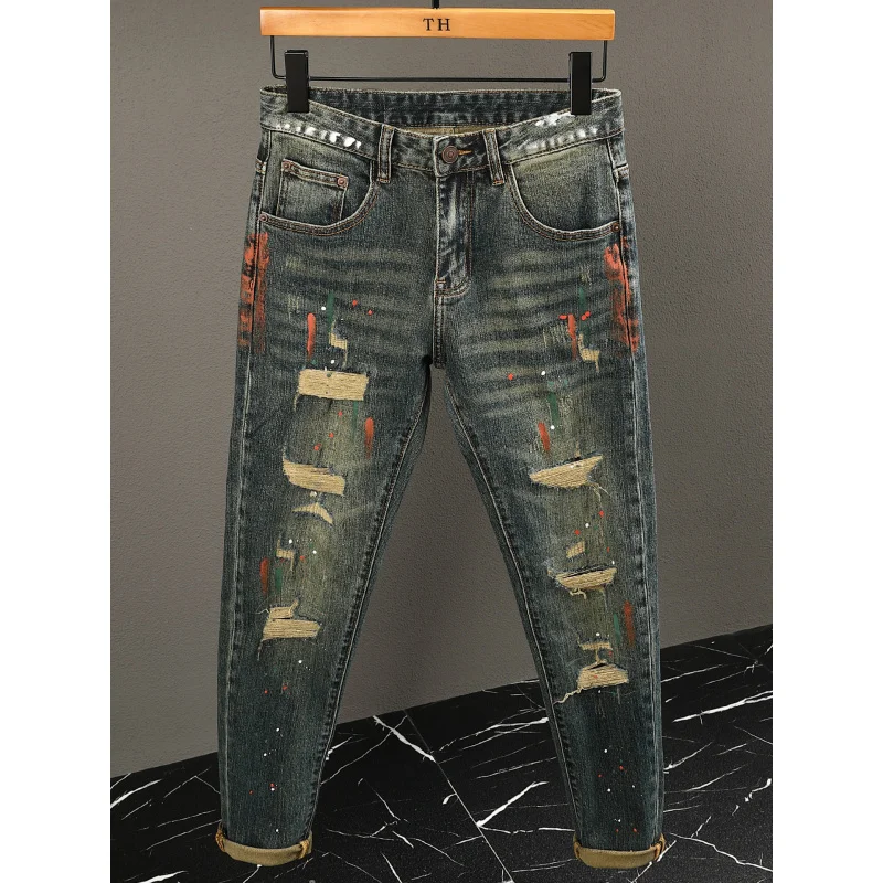 Graffiti Paint Print Jeans Men Street Fashion Trend Nostalgic Color Ripped Vintage Skinny Pants
